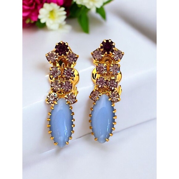 Vintage Brooch & Earring Set Rhinestones Blue Purple Demi-Parure MCM 11I - Picture 3 of 12